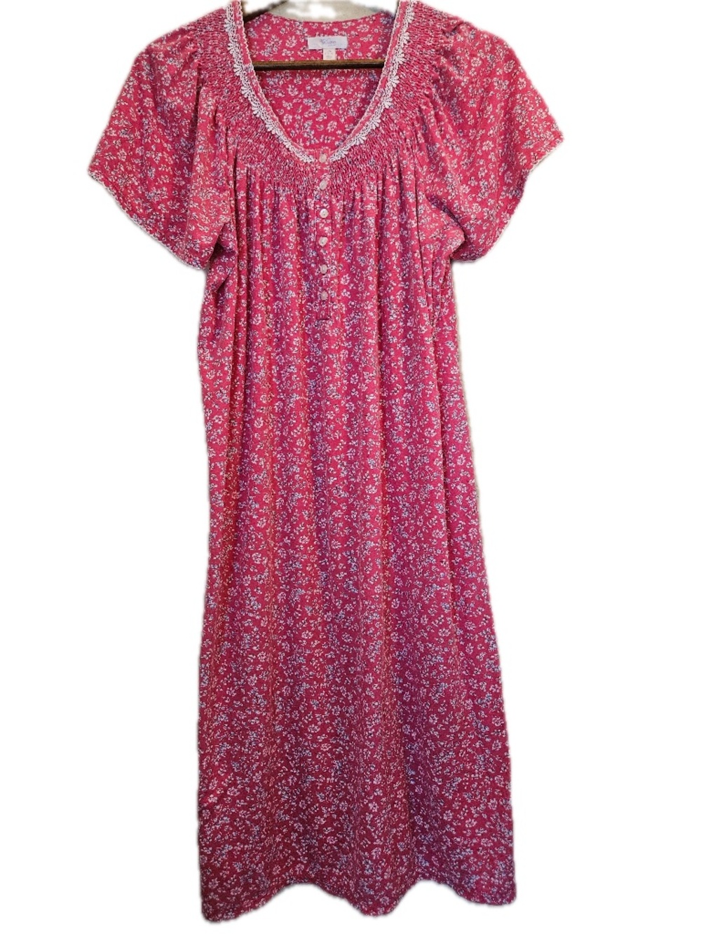 Secret Treasures Gown Womens L/G Pink Floral Chemise Button Crochet Short Sleeve